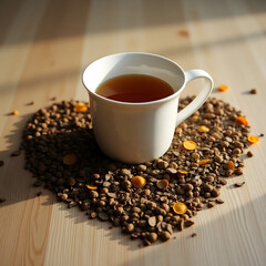 Naklejka premium Tea Leaves and Cup on Wooden Table with Loose Herbal Tea