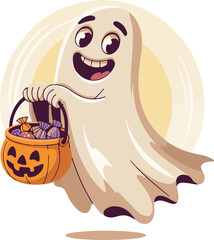A cheerful cartoon ghost with a candy basket for Halloween