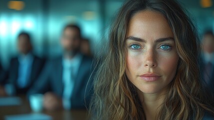 Obraz premium Focused woman with blurry suited figures in modern office setting