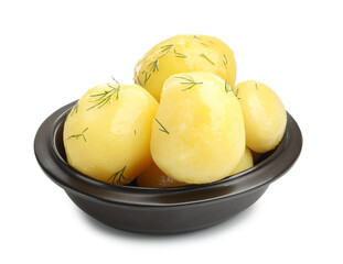 Tasty young boiled potatoes with dill isolated on white
