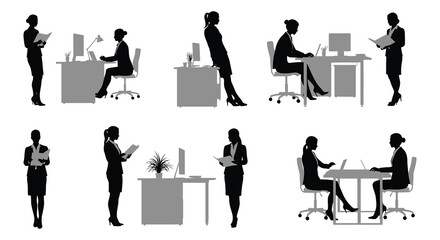 Business people working at desks in office silhouettes