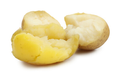 Pieces of young boiled potatoes isolated on white