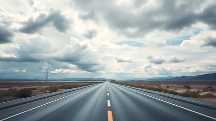 Panoramic view of an empty road under cloudy skies, capturing a serene and open landscape.