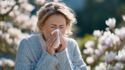 A young woman with spring allergies gently blows her nose amid blooming magnolia and lilac bushes, highlighted by bright daylight and pollen particles.