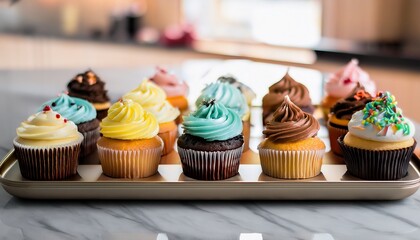 assorted cupcakes neatly arranged on a flat serving tray