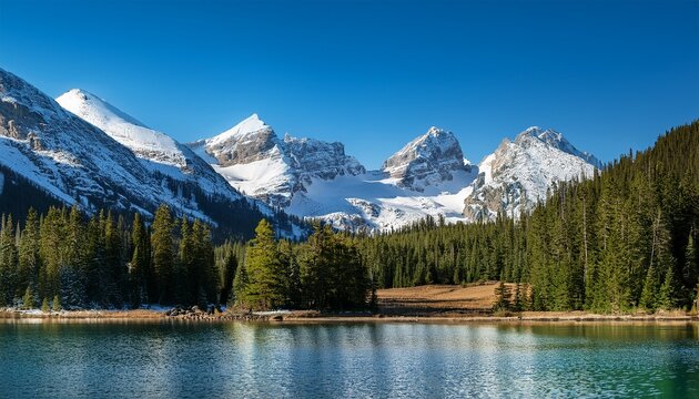a beautiful calming photo of snow capped rocky mountains beautiful clear blue sky with a calm lake in the foreground surrounded by a forest of pine