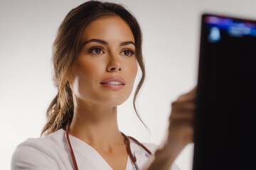 Professional examining medical image screen.