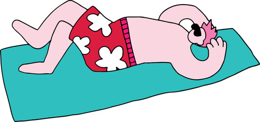 A man in sunglasses and red shorts lies down and sunbathes, colorful drawing, corporate memphis style, curved black lines brush © Nata