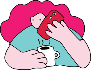 Young woman with red hair talking on phone and holding cup with hot drink coffee or tea, colorful drawing, corporate memphis style, curved black lines brush
