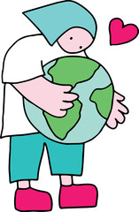 Young woman with short hair holding and hugging small globe with her hands lovingly, colorful drawing, corporate memphis style, curved black lines brush