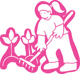 Young woman working with a rake in a vegetable garden, white color on pink background, outline, no contours, corporate memphis style