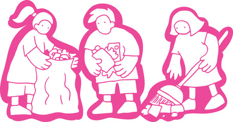 A group of people cleaning up and collecting trash in a bag, white color on pink background, outline, no contours, corporate memphis style