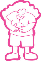 Young woman carefully holding a small growing plant in her hands, white color on pink background, outline, no contours, corporate memphis style