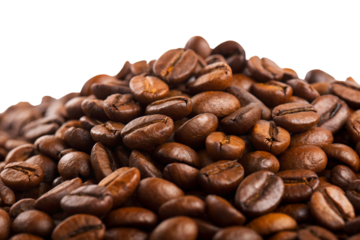 Pile of roasted coffee beans isolated on white background
