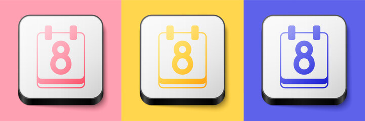 Isometric Calendar with 8 March icon isolated on pink, yellow and blue background. International Happy Women Day. Square button. Vector