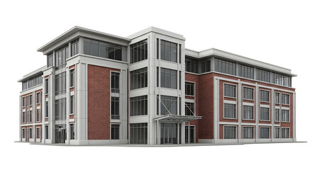 Architectural rendering of a contemporary multi-story business center with a classic brick facade and modern glass windows isolated