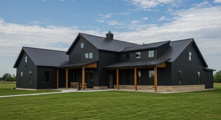 Striking contemporary barndominium home with expansive green lawn in the foreground