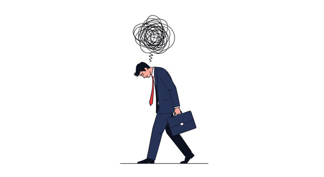 Stressed businessman walking with overwhelmed thoughts causing him to feel dizzy and confused while carrying a briefcase