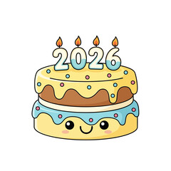 Cute Cartoon Birthday Cake with 2026 Candles and Smiling Face