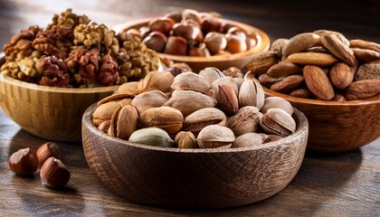 assorted nuts in wooden bowls on rustic wooden table surface