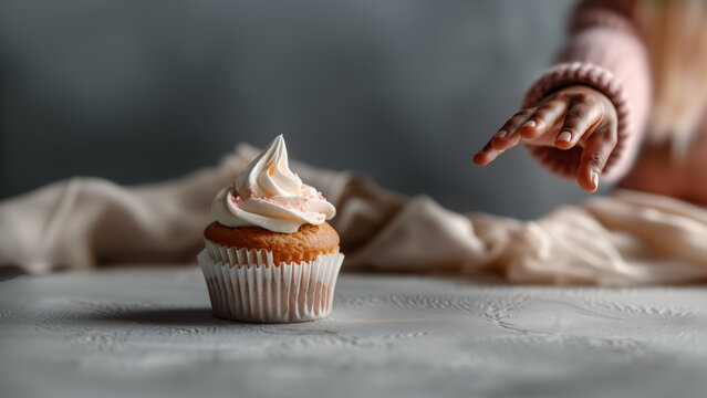 Woman's hand reaching towards a cupcake with creamy frosting and sprinkles. Sweet dessert for birthday, party concept.