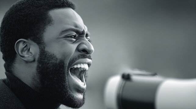 African american man using a megaphone, screaming and protesting outdoors. Street rally for activist issues during rain. - Powered by Adobe