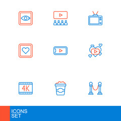 Set line Rope barrier, Popcorn in cardboard box, 4k movie, Romantic, Like heart, Online play video, Retro tv and Cinema auditorium with screen icon. Vector
