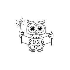 Cartoon Owl Celebrating 2026 with Sparkler and Banner