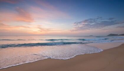 serene wide shot of an empty beach at sunrise with pastel sky and gentle waves for wellness retreats mindfulness campaigns and travel destination advertising