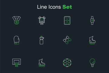 Set line Golf ball on tee, Soccer football, Roller skate, Basketball backboard, Skates, Dumbbell, Fitness shaker and Boxing glove icon. Vector