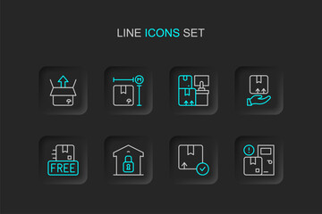 Set line Home delivery services, Carton cardboard box, Closed warehouse, Cardboard with free symbol, Delivery hand, Warehouse boxes, measurement and Unboxing icon. Vector