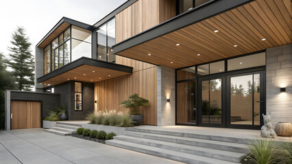 Fototapeta premium Exterior of a luxurious modern home featuring a striking combination of wood siding, concrete walls, and large glass windows at dusk.