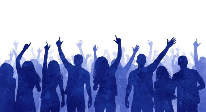 Blue Silhouettes of a Cheering Crowd with Their Hands Up cutout isolated on transparent bg, png