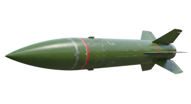 Green Military Army Missile with Red Stripes cutout isolated on transparent bg, png