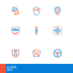 Set line Racing simulator, Playing cards, Chess shield, Target sport, Medal, VR controller game, Game rating with medal and Virtual reality glasses icon. Vector