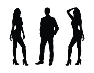 A man in suit standing between two beautiful sexy women isolated silhouettes.
