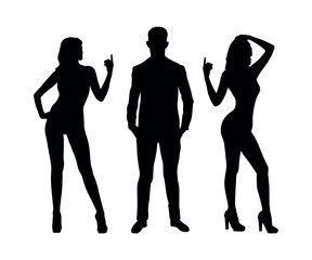 A man in suit standing with two beautiful sexy girls model black silhouette on white background.