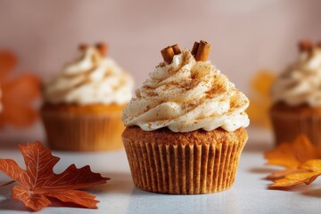 Cupcake closeup with fall leaves for autumnal bake sale, bakery, or ads use