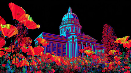 Landscape of Kansas iconic building at night with symbolic poppy flowers