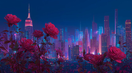 New York cityscape at night with neon cyberpunk style
