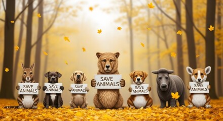 Save Animals - Adorable Animals in Autumn Woods.