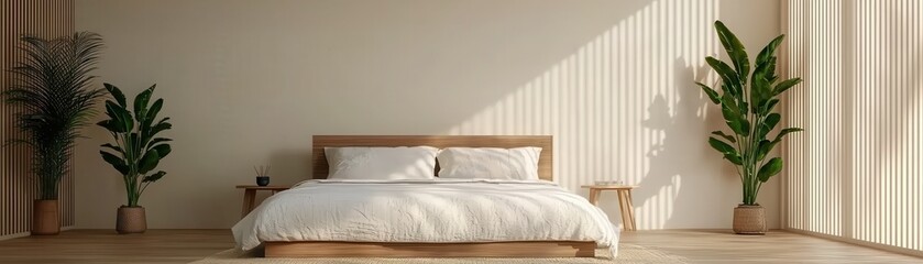 Obraz premium A serene bedroom featuring a wooden bed, light bedding, and potted plants, with natural light casting shadows from vertical blinds.
