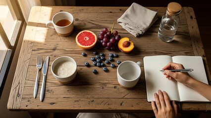 Cozy lifestyle scene—hands journaling next to granola in a ceramic bowl, hot herbal tea, and fresh seasonal fruit under soft natural sunlight.