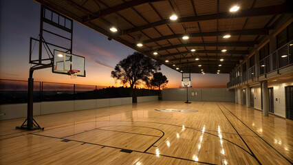 Indoor basketball court with wooden floor, hoops, and a sunset view through the windows.
