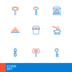 Set line Old key, Medieval poleaxe, Chain link, Anvil and hammer, Gold bars, Welding mask, Blacksmith oven and Hammer icon. Vector