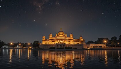 Fototapeta premium Stunning illuminated palace reflects in tranquil lake under starry night sky, creating a magical ambiance and inspiring awe
