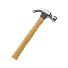 A gleaming chrome hammer with a smooth wooden handle rests against a stark white background, showcasing its classic design and tool utility