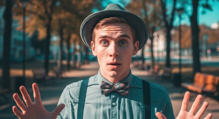 Obraz premium Portrait of an astonished young caucasian man in a fedora hat and suspenders looking at the camera with wide eyes