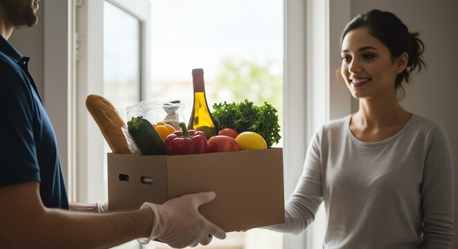 Person receiving grocery delivery box at home