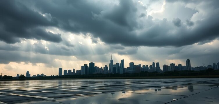 Fototapeta Moody grey clouds, dramatic light, rain streaks, city skyline reflected in puddles,  rain, rainy